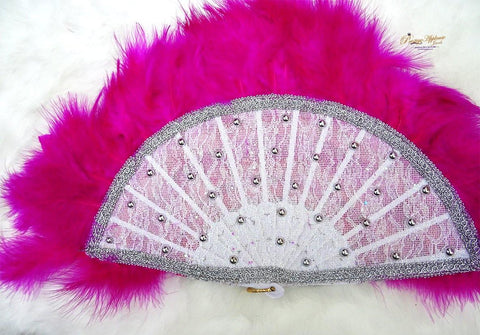 Beautiful Bold Hot pink Feather Embelished with Pearls Accessory Bridal Wedding Party Hand fan