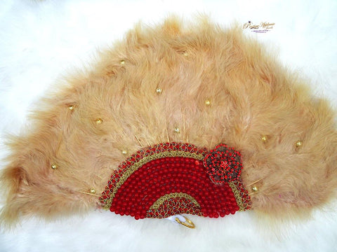 Beautiful Detailed Champagne Gold Hand fan with Red Pearls wedding African Traditional engagement