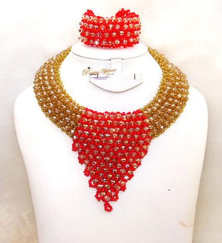 Cheap Sales Gold Red Beautiful Sparkling African Nigerian Necklace Jewellery Fashion Set