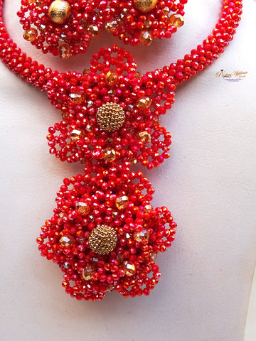 Red Flower Elongated New Latest Design African Nigerian Bridal Jewellery Set
