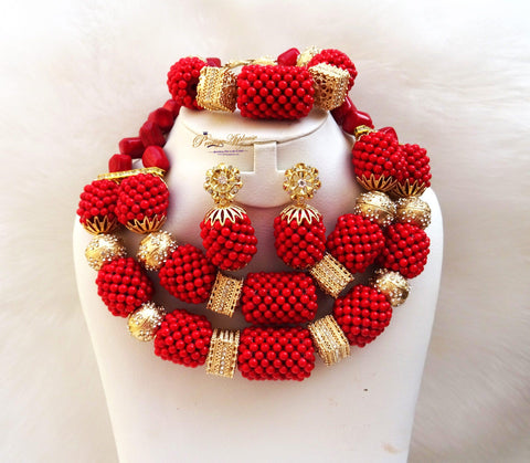 Beautiful Mixed Traditional Red Coral Style Beads Necklace African Nigerian Set - PrestigeApplause Jewels 