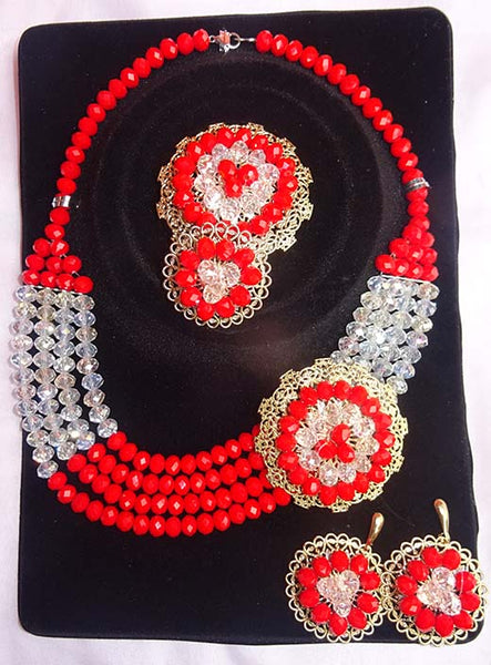 Cheap Multi Layers Red & White Crystal Beads African Party Necklace Jewelry Set