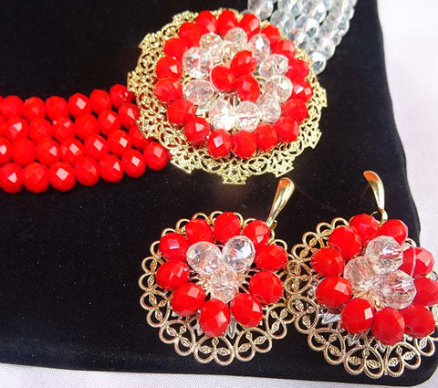 Cheap Multi Layers Red & White Crystal Beads African Party Necklace Jewelry Set