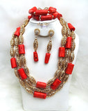 3 Layers of Real Traditional Bridal Wedding 100% Coral African Nigerian Necklace Jewellery Set - PrestigeApplause Jewels 