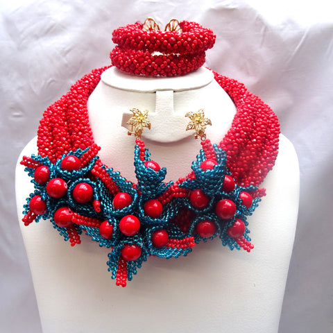 Latest Design Red Statement uniq African Beads Bridal Wedding Party Jewelry Set