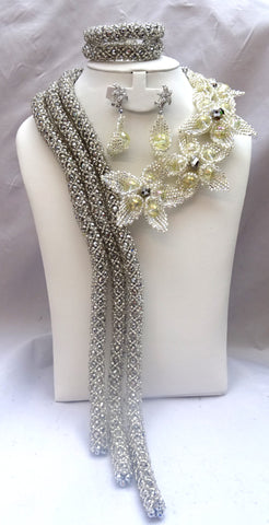 Latest Silver Elongated African Nigerian Wedding Beads Design Jewellery Set with petal earring