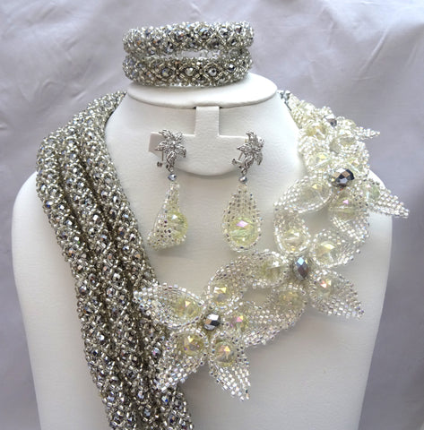 Latest Silver Elongated African Nigerian Wedding Beads Design Jewellery Set with petal earring