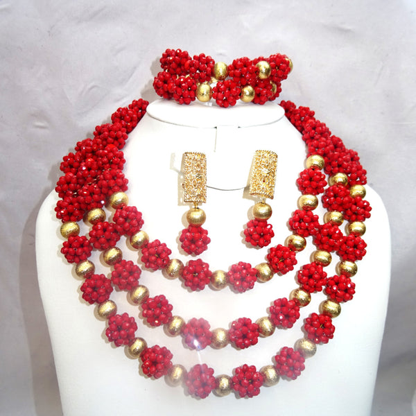 Latest Design Red Ball with Gold Balls African Beads Jewelry Set Nigerian Beads Necklace Set