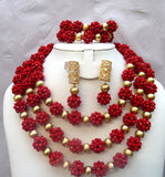 Latest Design Red Ball with Gold Balls African Beads Jewelry Set Nigerian Beads Necklace Set