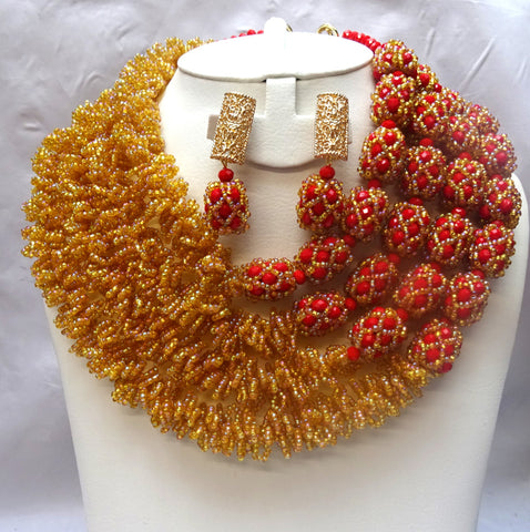Latest Design Gold and Red African Nigerian Wedding Beads Design Party Jewellery Set