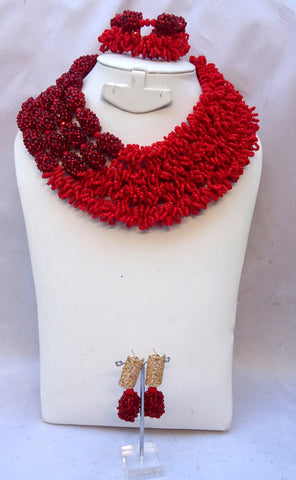 Latest Design 2 Red tones African Nigerian Wedding Beads Design Party Jewellery Set