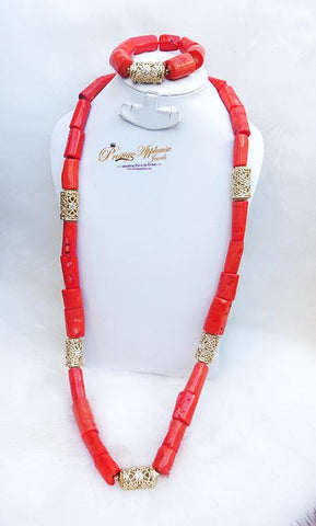 Traditional Men Women Unisex Coral Beads Embellished with Gold Necklace Jewellery Set - PrestigeApplause Jewels 