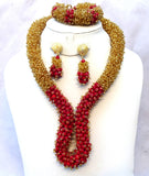 Elongated Latest New Design Gold and Red African Beads Bridal Wedding Jewelry Set