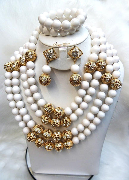 PrestigeApplause White Coral African Traditional Wedding Beads Jewelry Set 4 Layers 18mm Coral Bead with Gold Balls