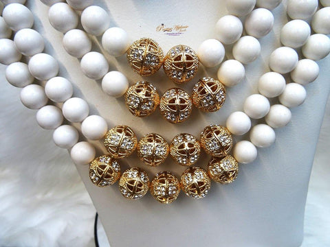 PrestigeApplause White Coral African Traditional Wedding Beads Jewelry Set 4 Layers 18mm Coral Bead with Gold Balls