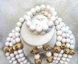PrestigeApplause White Coral African Traditional Wedding Beads Jewelry Set 4 Layers 18mm Coral Bead with Gold Balls