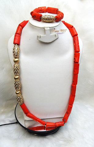 Beautiful Real Traditional Coral Men Groom African Necklace Jewellery 2-Ways Set - PrestigeApplause Jewels 