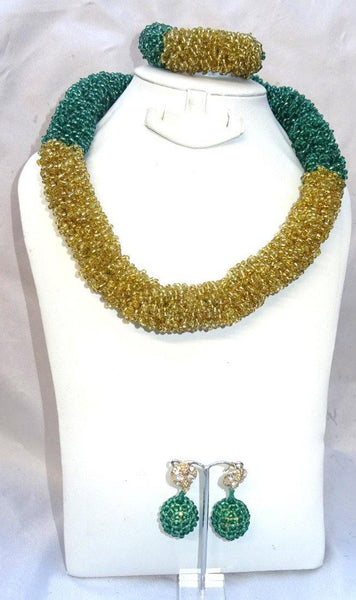 2 Tones Green Gold Party African Nigerian Beads Necklace Jewellery Set