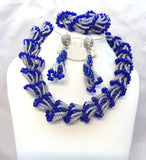 Royal Blue & Silver White Party African Nigerian Beads Necklace Jewellery Set
