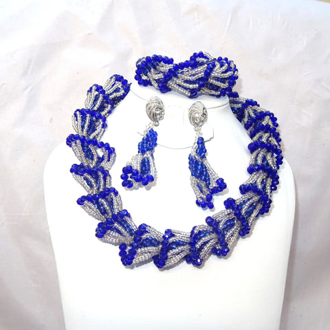 Royal Blue & Silver White Party African Nigerian Beads Necklace Jewellery Set
