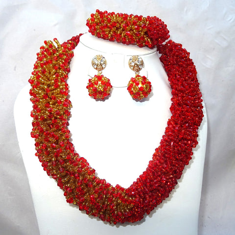 Red & Gold Crystal Beads Necklace Jewellery Party Bridal Wedding Set