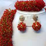 Red & Gold Crystal Beads Necklace Jewellery Party Bridal Wedding Set