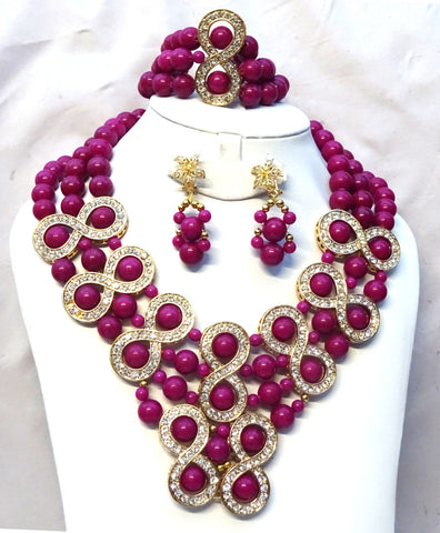 Elegant Purple with Crystal African Beads Bridal Wedding Party Jewelry Set