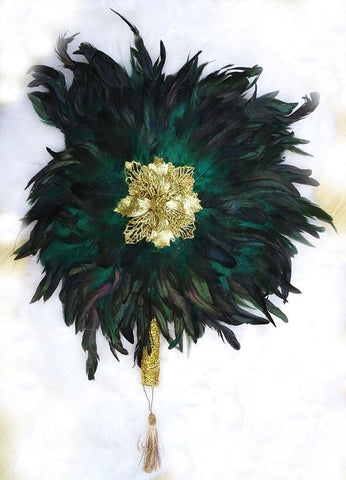 Emerald Green Dark Green Round Shaped Ostrich Feather Traditional African Wedding Hand Fan Nigerian Bridal Handfan - PrestigeApplause Jewels 