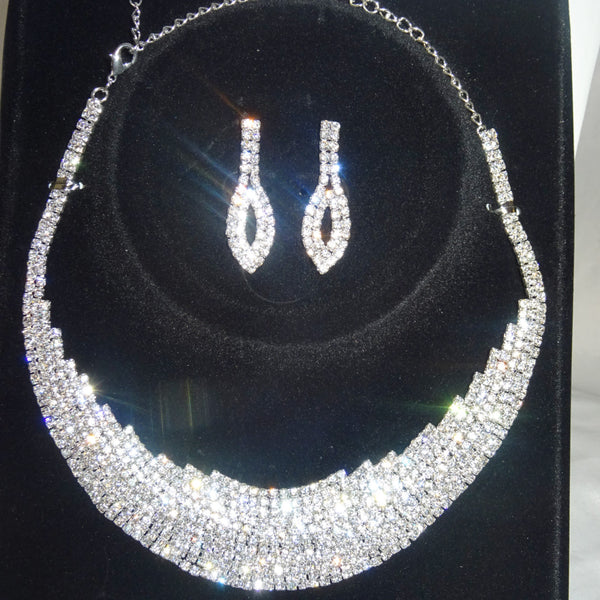Silver Sparkling Bridal Cocktail Party Necklace Earring Jewellery Set