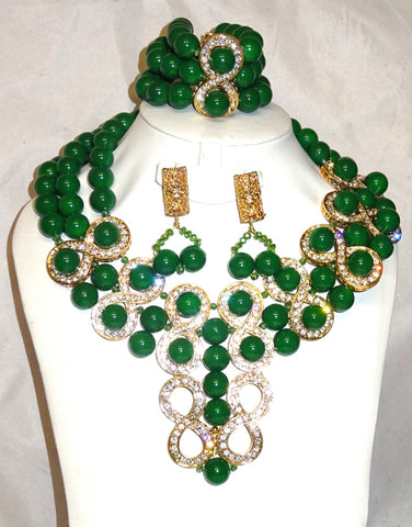 Elegant Green with Crystal African Beads Bridal Wedding Party Jewelry Set