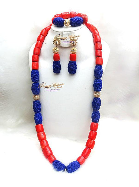 Coral Mixed with Blue carved coral Beads African Nigerian Embelished Necklace Jewellery Set (Copy) - PrestigeApplause Jewels 