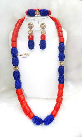 Coral Mixed with Blue carved coral Beads African Nigerian Embelished Necklace Jewellery Set (Copy) - PrestigeApplause Jewels 