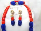 Coral Mixed with Blue carved coral Beads African Nigerian Embelished Necklace Jewellery Set - PrestigeApplause Jewels 