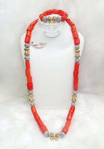 Traditional Men Women Unisex Coral Beads African Nigerian Silver Gold Mixed Embelished Necklace Jewellery Set - PrestigeApplause Jewels 
