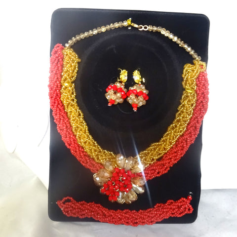 Gold and Red Cheap 2 Layers Party Necklace Jewellery Set