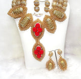 Elegant Standing out Gold infused with Red Beautiful 3 layers Handmade Nigerian Beads Jewellery Celebrant Bridal Set - PrestigeApplause Jewels 