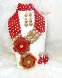 PrestigeApplause Latest Design Dark Red & Gold Elongated African Nigerian Necklace Jewellery Set