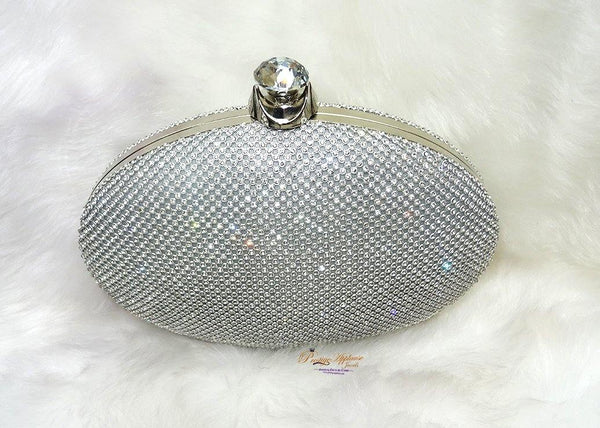 Evening Clutch Bag Silver Bag for Women Floral Diamante Oval Formal Dressing Handbag for Wedding Party Prom - PrestigeApplause Jewels 