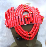 Nigerian Red Orange Edo Coral Crown wedding Bridal Party Beaded Edo Igbo Hat - PrestigeApplause Jewels 
