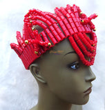 Nigerian Red Orange Edo Coral Crown wedding Bridal Party Beaded Edo Igbo Hat - PrestigeApplause Jewels 