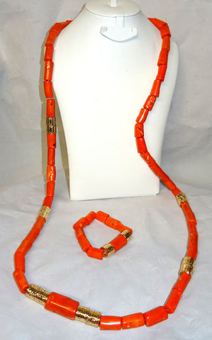 Men Extra Long Traditional Real Genuine Coral with Blings African Nigerian Wedding Party Beads Jewellery Set
