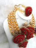 Statement Designed African Nigerian Gold Mixed with Red Beads Jewellery Set Seeds Beads