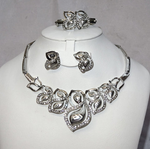 Quality Beautiful Leaf Design Silver Wedding Party Bridal Necklace Jewellery Set