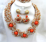 Gold Coral Bridal Wedding UK Beads Necklace Jewellery Set
