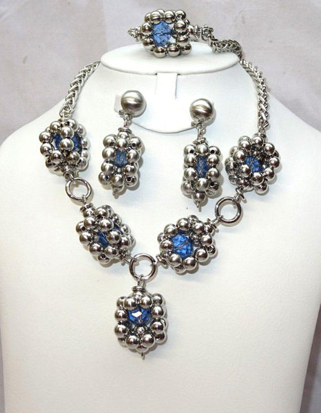 Beautiful Silver with 3D Blue Party Wedding Necklace Set