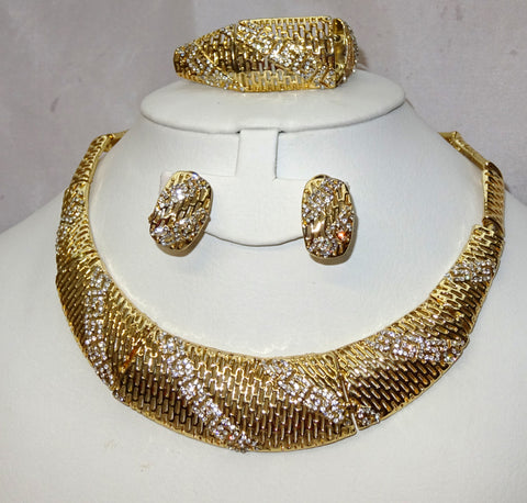 New Trendy Party Gold plated Necklace Earring Bracelet Ring Jewellery Set