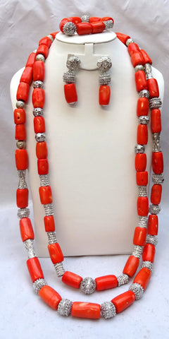 PrestigeApplause Long Traditional Real Genuine Coral with Silver Blings African Nigerian Wedding Party Beads Jewellery Set