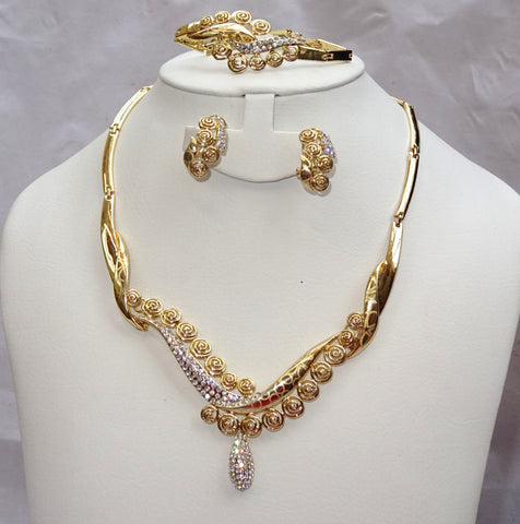 Elegant Gold Plated Rhinestones Party Necklace Earring Jewelry Set