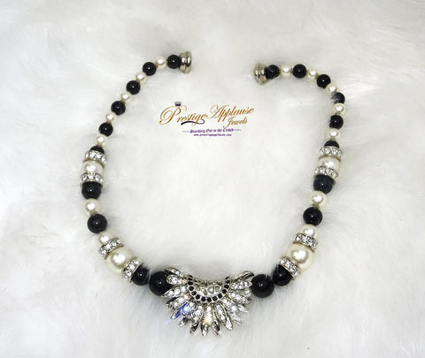 Cream White with Black Crystal Pendant Cocktail Pearl Necklace Bracelet Jewellery - PrestigeApplause Jewels 