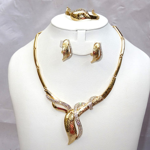 Lovely Rhinestone Gold Plated Rhinestones Party Necklace Earring Bracelet Jewelry Set